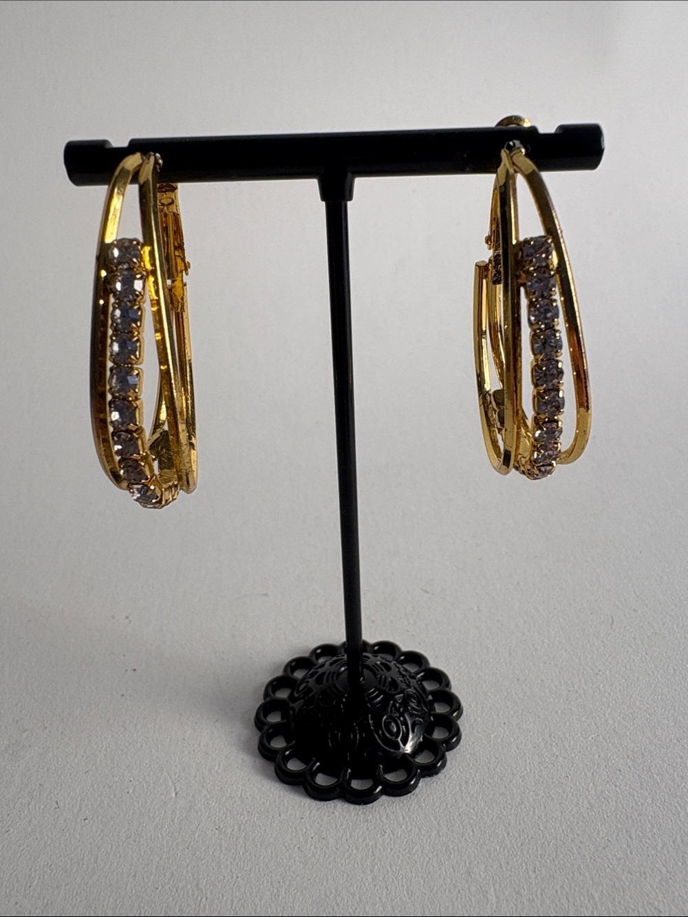 Gold Pavé Crystal Hoop Earrings Sparkle Statement Women Jewelry - Picture 2 of 5